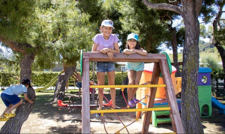 Children happily play at the playground among the trees.